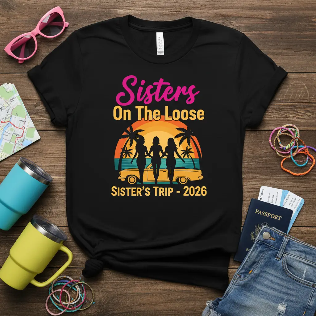 Sisters On The Loose Sister's Trip 2026 graphic tee with retro sunset, convertible, and palm trees