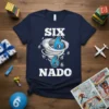 SIX NADO 6th birthday t-shirt design with a blue tornado graphic and the number 6 repeated around it