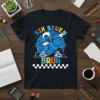SIX SEVEN BRUH t-shirt design featuring a blue character doing the dab pose with math formulas and checkered border