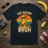 Six Seven Bruh t-shirt with a dabbing banana graphic and retro sunset, perfect for a 6th or 7th birthday