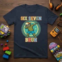 Six Seven Bruh t-shirt design featuring a green character doing the dab dance pose with colorful text