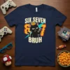 Black cat wearing a crown with "SIX SEVEN BRUH" text and pixelated numbers on a navy t-shirt, representing a 7th