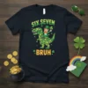 T-shirt with "SIX SEVEN BRUH" text, a leprechaun riding a shamrock-covered T-Rex, and St. Patrick's Day theme
