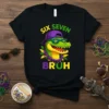Mardi Gras alligator wearing sunglasses and beads with "SIX SEVEN BRUH" text on a black t-shirt