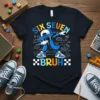 SIX SEVEN BRUH math t-shirt with a blue pi character dabbing and math formulas, designed for 6th and 7th birthdays