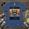 Six Seven Bruh raccoon t-shirt design with sunglasses and retro sunset stripes