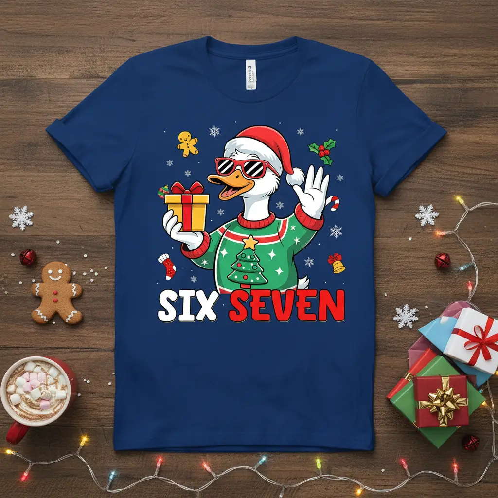 Festive SIX SEVEN Christmas Duck design with holiday elements and bold text on a t-shirt