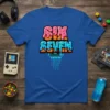 Six Seven text design in a retro gaming style with donut and ice cream elements on a blue t-shirt