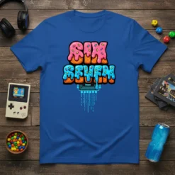 Six Seven text design in a retro gaming style with donut and ice cream elements on a blue t-shirt