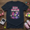 Retro robot characters forming the numbers SIX SEVEN on a dark navy t-shirt, with stars and lightning bolt graphics