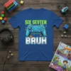 Blue t-shirt with "SIX SEVTEN BRUH" text and a video game controller graphic for a gamer birthday theme