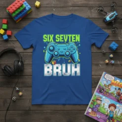 Blue t-shirt with "SIX SEVTEN BRUH" text and a video game controller graphic for a gamer birthday theme