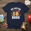Six Sevten Bruh t-shirt design with two cute groundhogs, pink hearts, and funny text