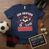 Funny Six Sevten Bruh soccer t-shirt with a cartoon soccer ball design, hearts, and flames
