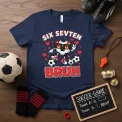 Funny Six Sevten Bruh soccer t-shirt with a cartoon soccer ball design, hearts, and flames