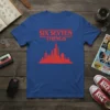Six Sevten Things t-shirt design with red retro font and a red city skyline graphic