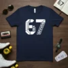 Navy t-shirt with white "SIX SEVVVEN" text and circuit board design elements