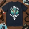 SIX STRING LEGENDS text above two guitars and a guitar pick graphic on a navy blue t-shirt