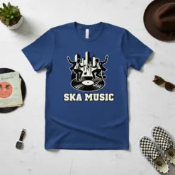 Ska Music retro graphic t-shirt featuring dancing figures on a record with a city skyline background