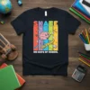 Skate 100 Days of School t-shirt design with a cartoon brain character skateboarding and colorful vertical stripes