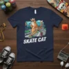 Skate Cat T-Shirt featuring an orange tabby cat wearing sunglasses and a cap, riding a skateboard down a city street