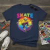 SKATE text above a skeleton on a skateboard with a rainbow circle, on a navy blue t-shirt