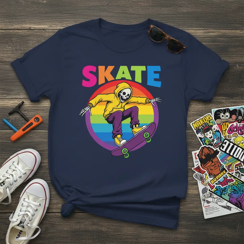 SKATE text design featuring a skeleton skater on a rainbow circle graphic