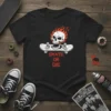 Black t-shirt with "Skate Or Die" text and a flaming skull riding a skateboard graphic