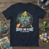 Skate or Float Est Space Invaders t-shirt featuring a cartoon alien skateboarding through space with a comet trail