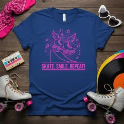 SKATE. SMILE. REPEAT! text on a blue t-shirt with a pink graphic of winged roller skates on a ramp, surrounded