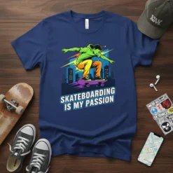 Skateboarding Is My Passion t-shirt featuring a graphic of a skateboarder mid-trick against a city skyline