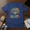 Retro SKATE graphic tee with a skateboarder performing a trick against a city skyline and sunburst