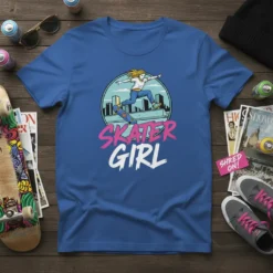 Skater Girl text with a graphic of a girl skateboarding in an urban city skyline, vibrant pink and white lettering
