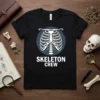 Black t-shirt with "Skeleton Crew" text and a graphic of a human rib cage on a blue circle