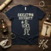 Skeleton Security T-Shirt with a skeleton guard character holding a torch and wearing a police-style hat