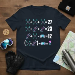 Ski math puzzle t-shirt design featuring ski poles, skis, and goggles in a solvable equation