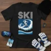 Black t-shirt with "SKI" text and a graphic of a skier mid-air on a snowy mountain