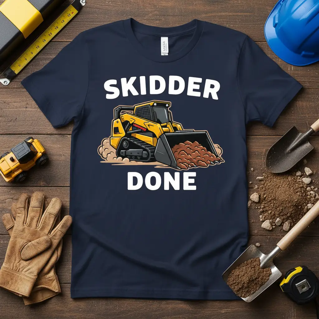 Yellow skid steer loader with a bucket full of dirt, under the text SKIDDER DONE on a navy t-shirt
