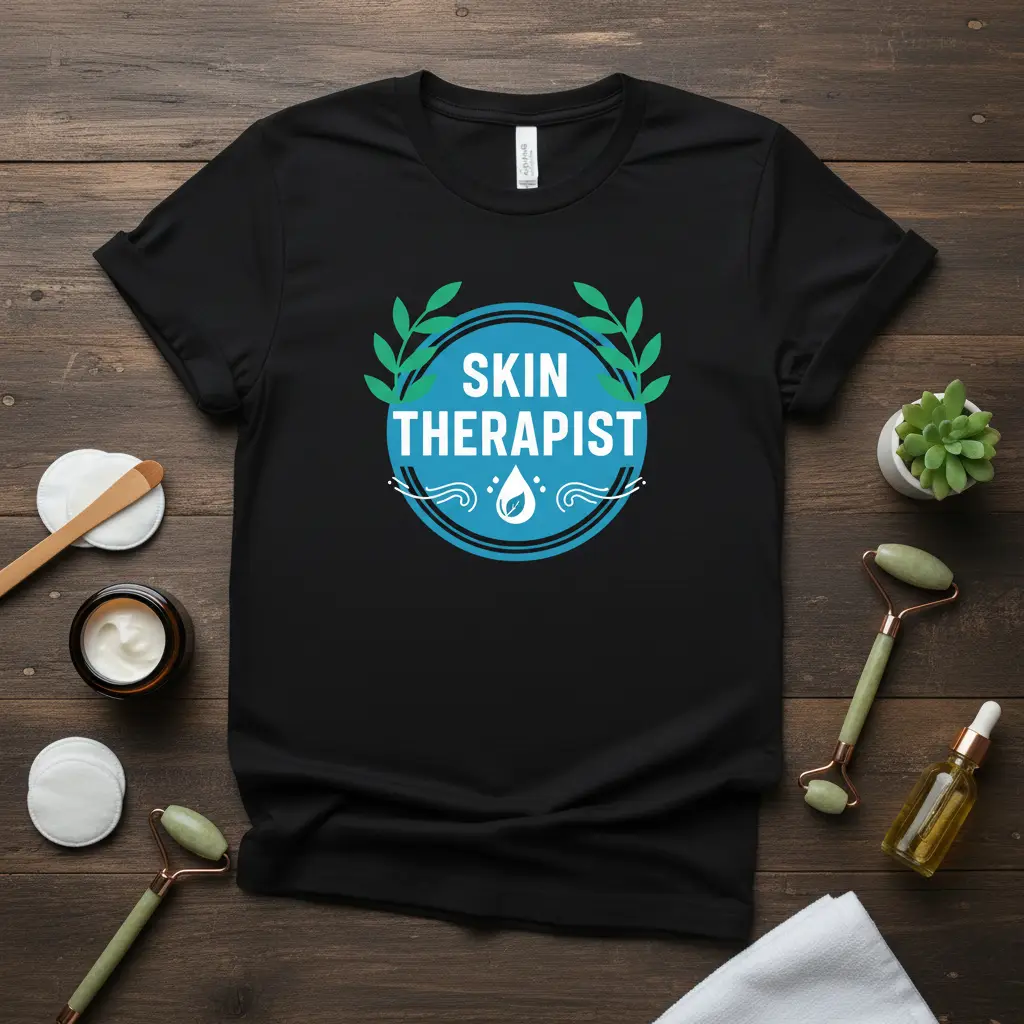 Skin Therapist quote design with blue circle, green leaves, and water droplet graphic on black tee