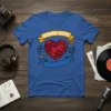 Skonnie Music t-shirt design featuring a red geometric heart with an arrow through it, surrounded by musical notes and banners