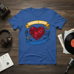Skonnie Music t-shirt design featuring a red geometric heart with an arrow through it, surrounded by musical notes and banners