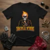Black t-shirt with "Skull Fire" text and a flaming skull graphic, biker style