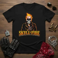 Black t-shirt with "Skull Fire" text and a flaming skull graphic, biker style