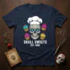 Skull Sweets Est. 1888 text with a chef skull and cupcakes design on a navy t-shirt