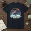 Sky Adventrver t-shirt design featuring a cartoon pilot in a biplane flying through clouds and stars