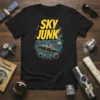 Black t-shirt with "SKY JUNK" in yellow text above a colorful graphic of a retro UFO, astronauts, and space debris