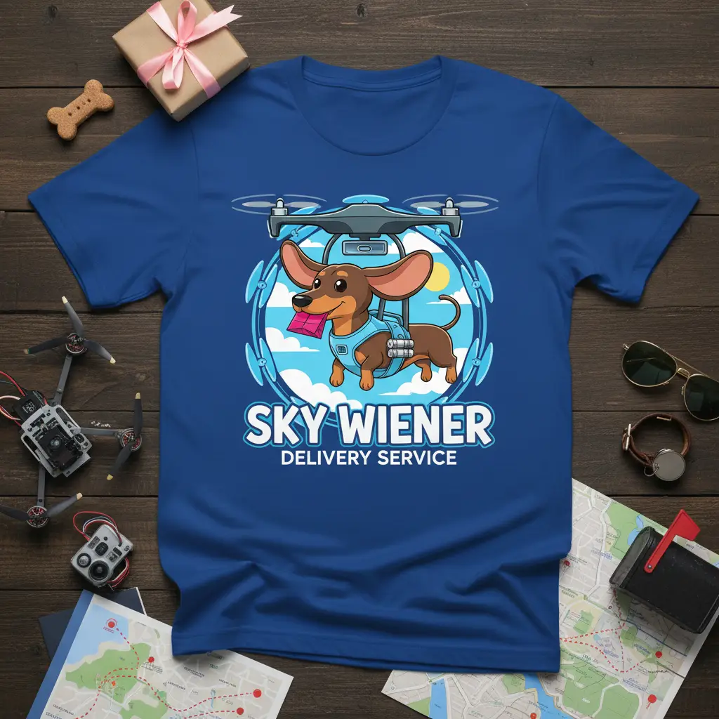 Sky Wiener Delivery Service t-shirt featuring a dachshund in a drone harness delivering a package, whimsical graphic