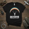 Skydive Freedom in Flight t-shirt with a graphic of a skydiver under a colorful parachute