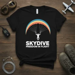 Skydive Freedom in Flight t-shirt with a graphic of a skydiver under a colorful parachute