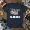 Slacker t-shirt design with a cute cartoon sloth wearing headphones hanging from a tree branch